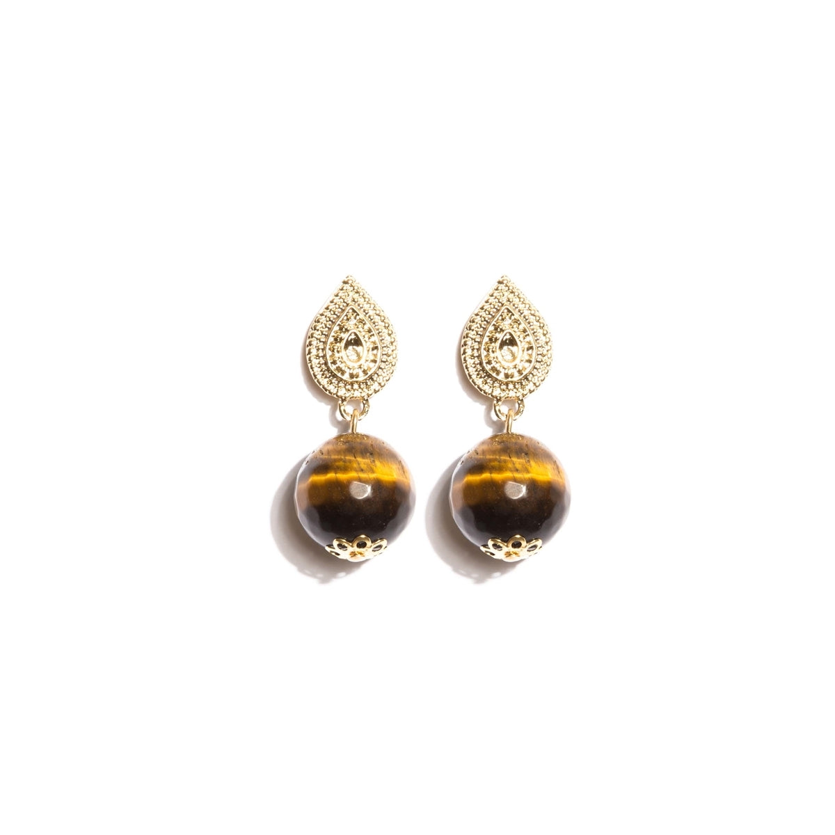 sphere earring made of tiger eye natural stone, gold-plated