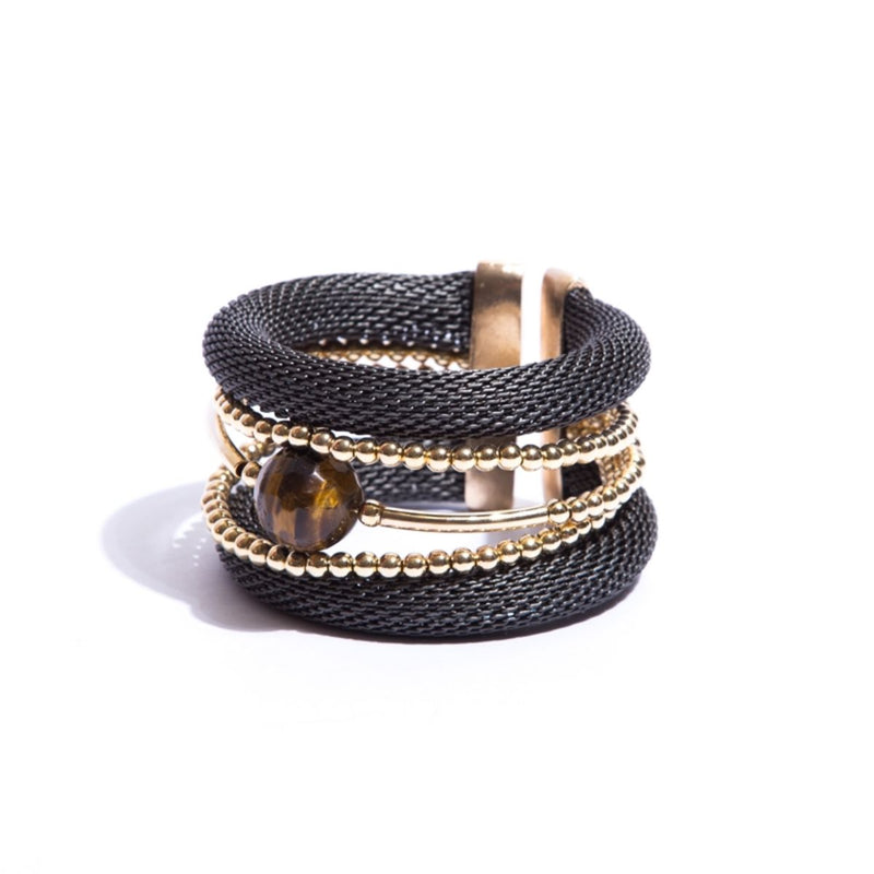 Bracelet with lead-colored aluminum mesh, tiger eye stone, and gold-plated metals