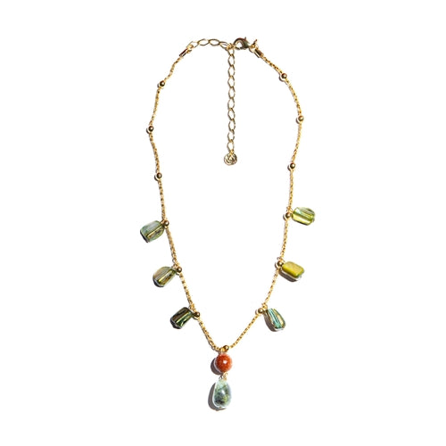 Medium necklace with green mother-of-pearl, beryl stone, sunstone, and gold-plated metals