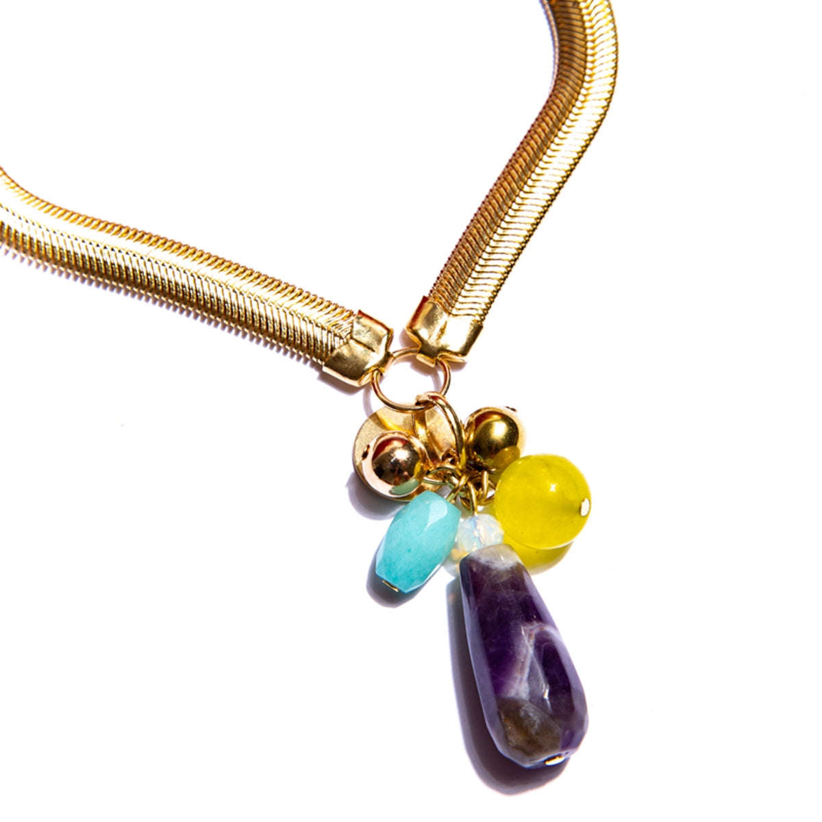 Short Amethyst necklace, natural stones, crystals, and gold-plated metals