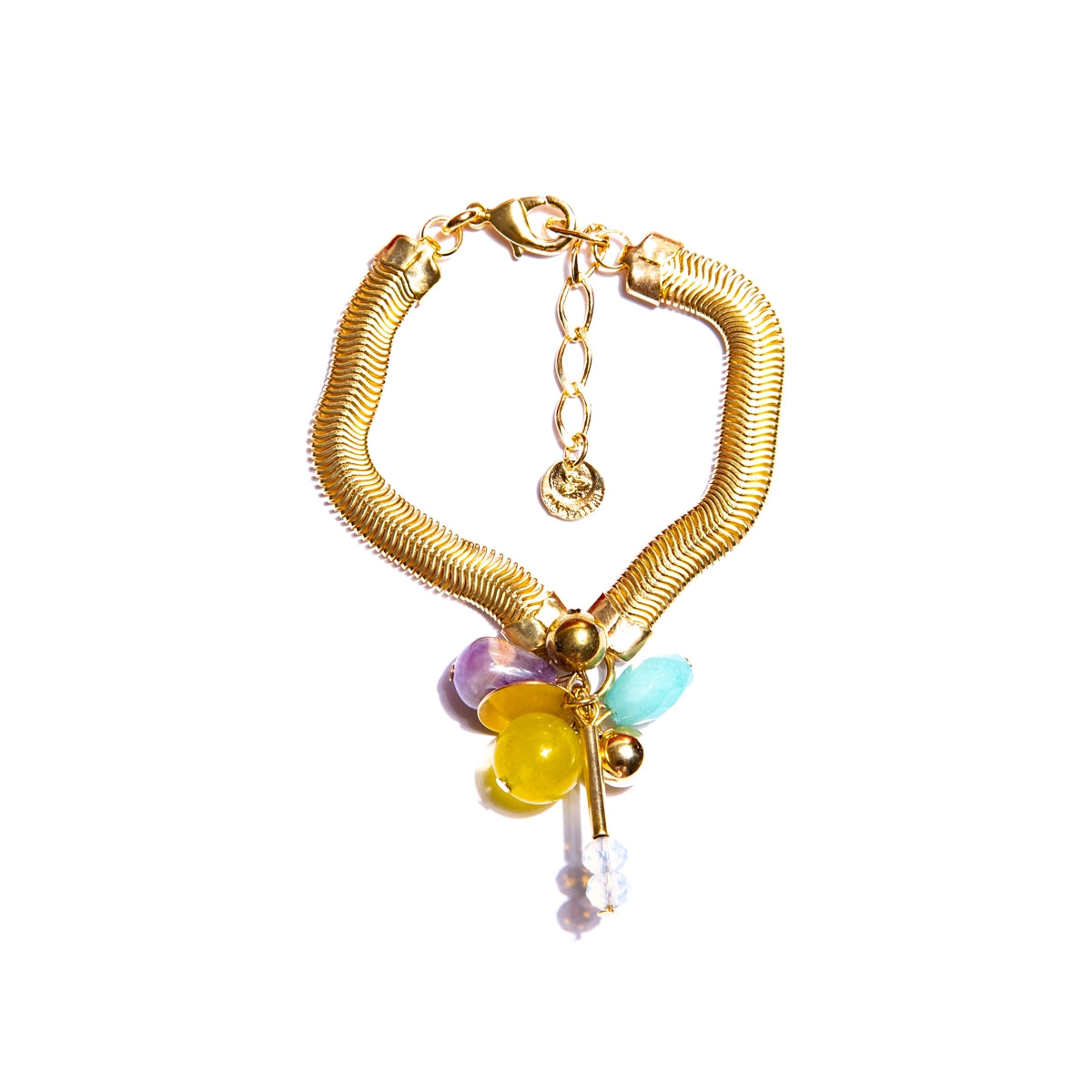 Bracelet with thick chain, natural stones amethyst, amazonite, lemon jade, hematite, and gold-plated metals