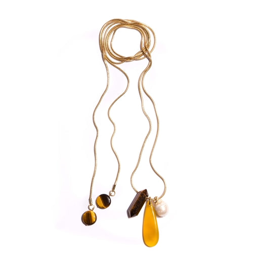 Rafaela necklace with thread, featuring natural stones such as yellow agate, tiger eye, and natural pearls, adorned with yellow gold-plated metals