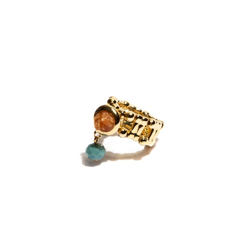 Tatiana ring with blue crystal, aventurine chip point, and gold-plated metals