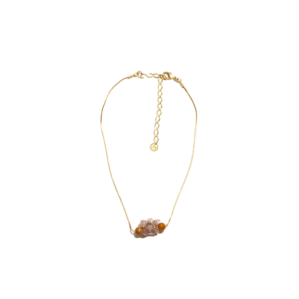 Natalia necklace with stones, wooden beads, and metals plated in gold