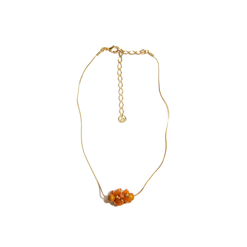 Natalia necklace with stones, wooden beads, and metals plated in gold