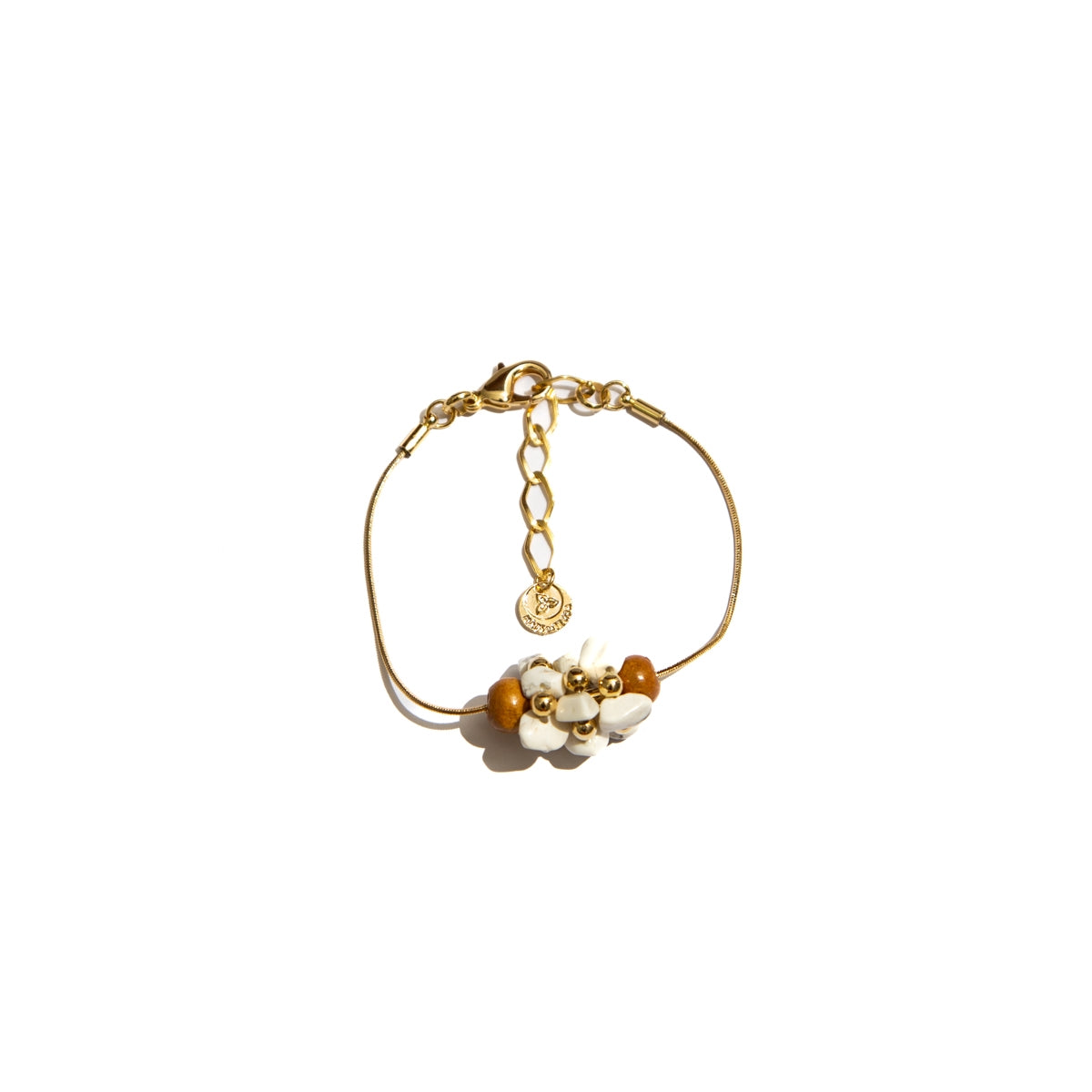 Natalia bracelet with stones, wooden beads, and metals plated in gold