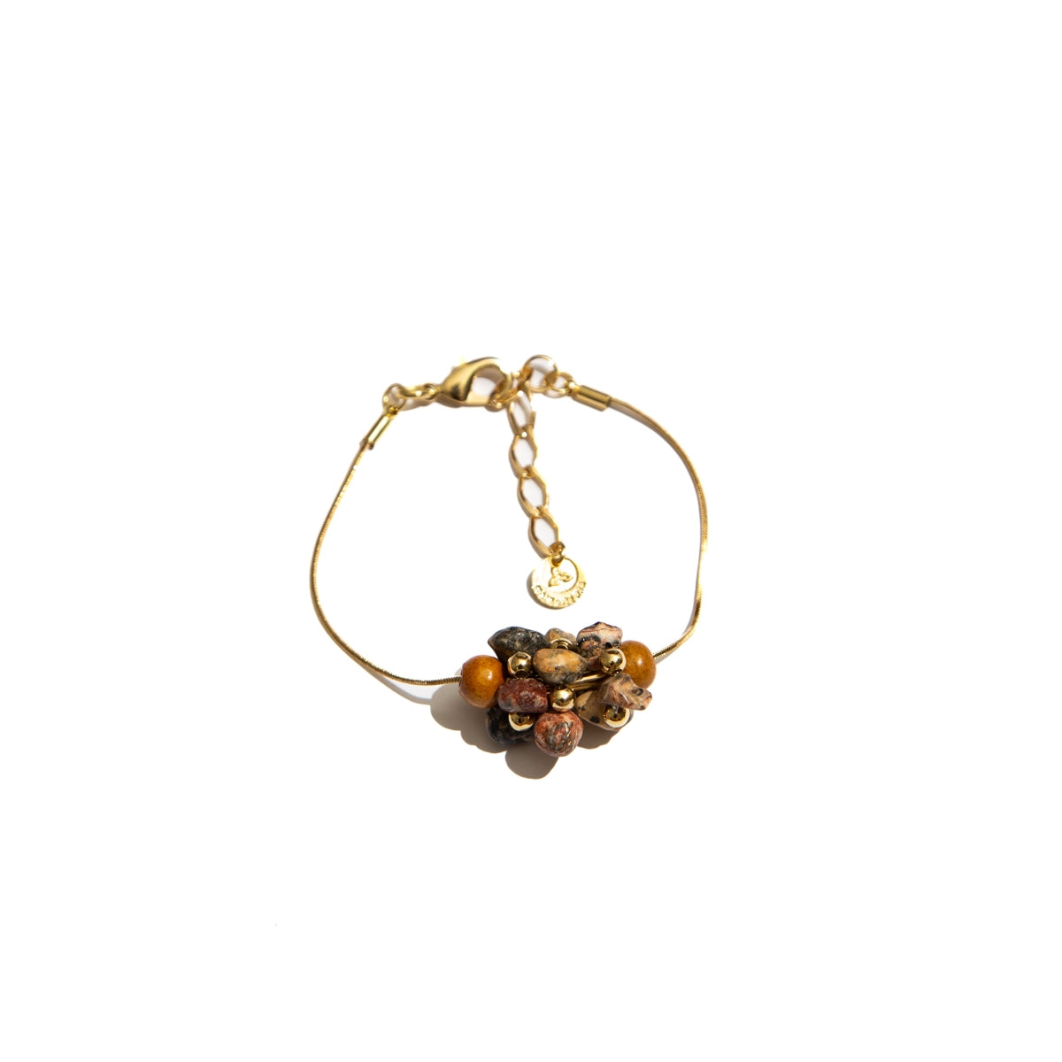 Natalia bracelet with stones, wooden beads, and metals plated in gold