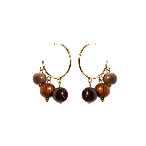 Hoop earrings with certified wood beads, zionite stone, ceramic, and gold-plated metals