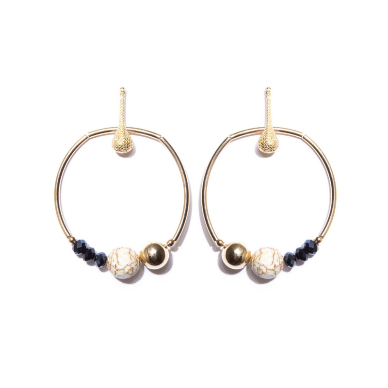 Gold-Plated Maxi Hoop Earrings with Blue Crystals Howlite Stone
