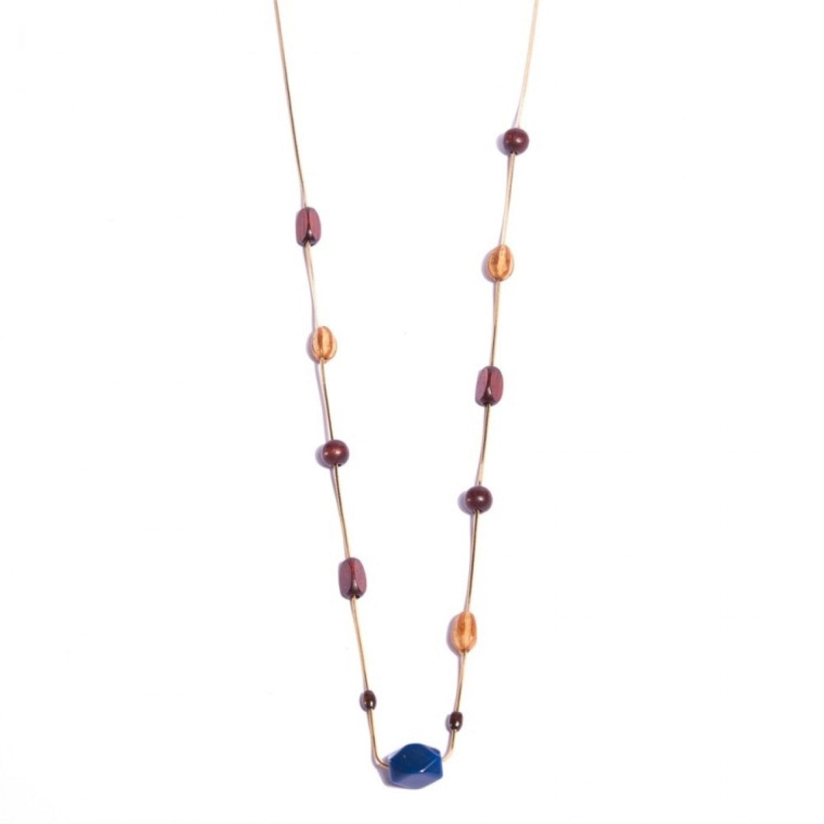 Long thin with Seeds Necklace (acai, Santa Barbara), Wood Beads, Natural Agate Stone and Gold-Plated Metals