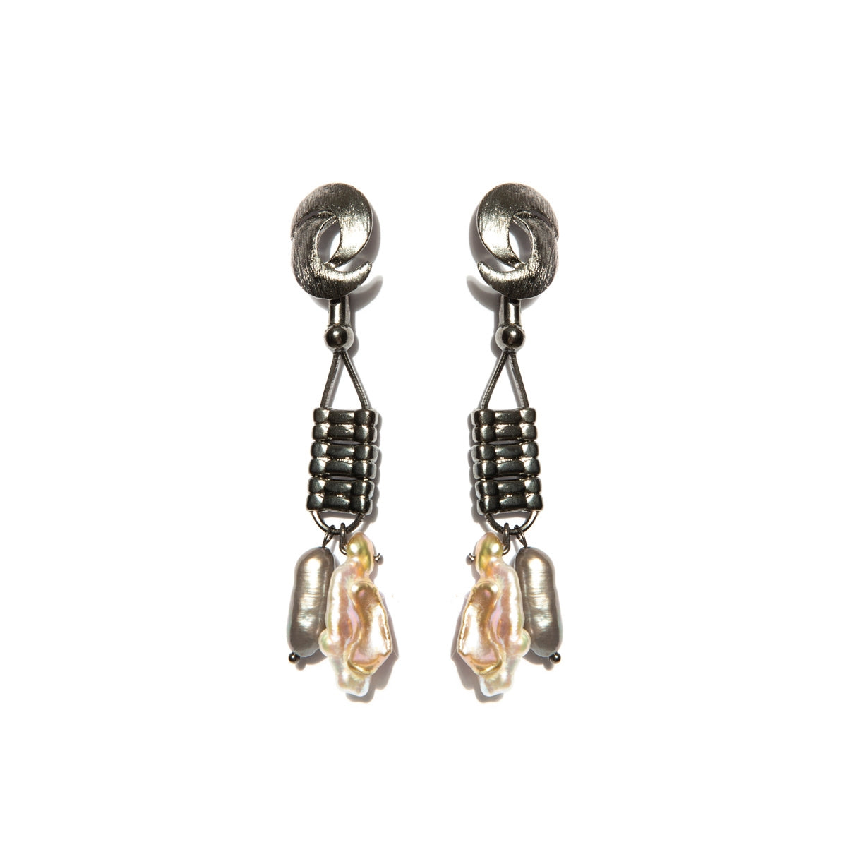 Graphite-Plated Long Pearl Pendant Earrings