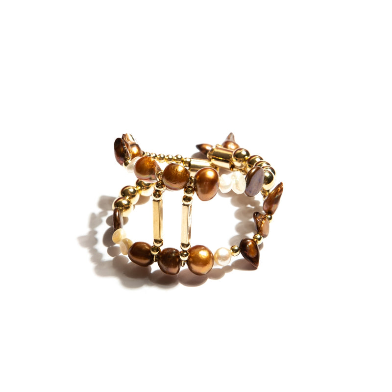 2 Strand Gold-Plated Bracelet with a mix of White, Brown and Golden Pearls