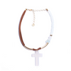 Gold plated Agate Cross Necklace with Crystals, and Vegan Leather