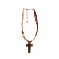 Gold plated Agate Cross Necklace with Crystals, and Vegan Leather