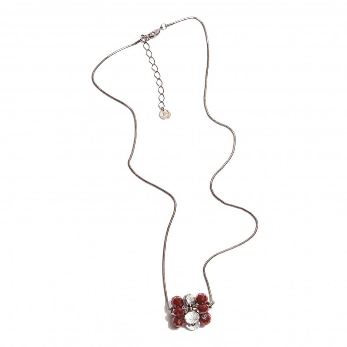 Long graphite plated necklace with bunch red and transparent crystals