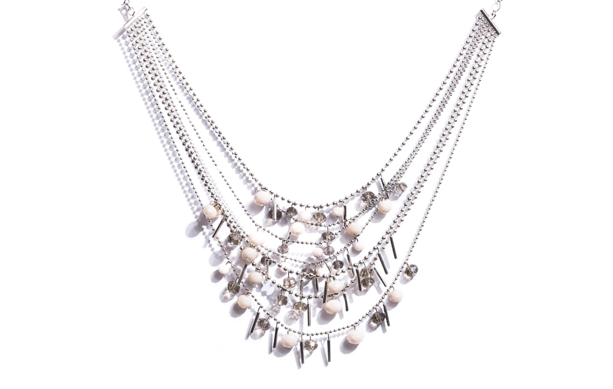 Pink and Smoked Crystals Maxi Layer Necklace with Palladium-Plated Metals