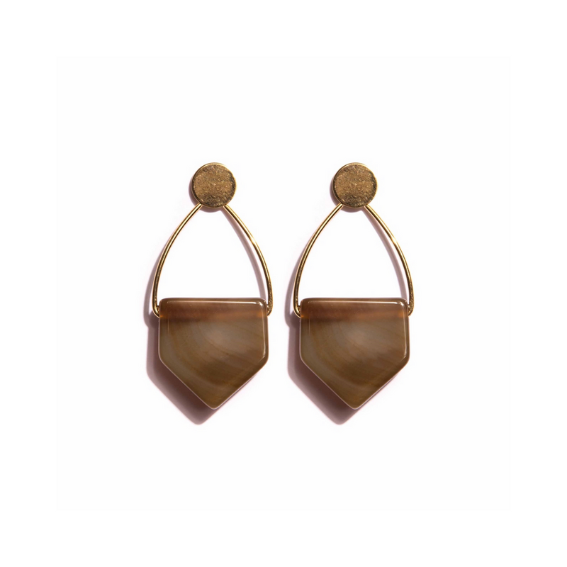 Gold-plated Medium Geometric Earrings with Black Agata Stone
