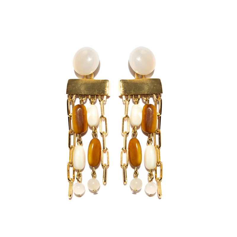 Long Gold-Plated Chain Cascading Earring with Mother-of-Pearl Beads