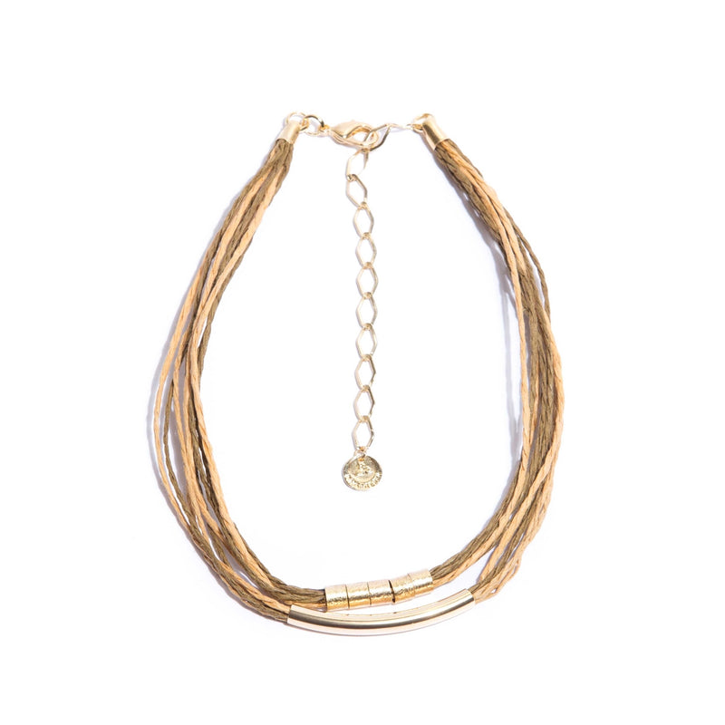 Glue Natural Fibers (Rice Straw) Ocher/Brown and Gold-Plated Metals Necklace
