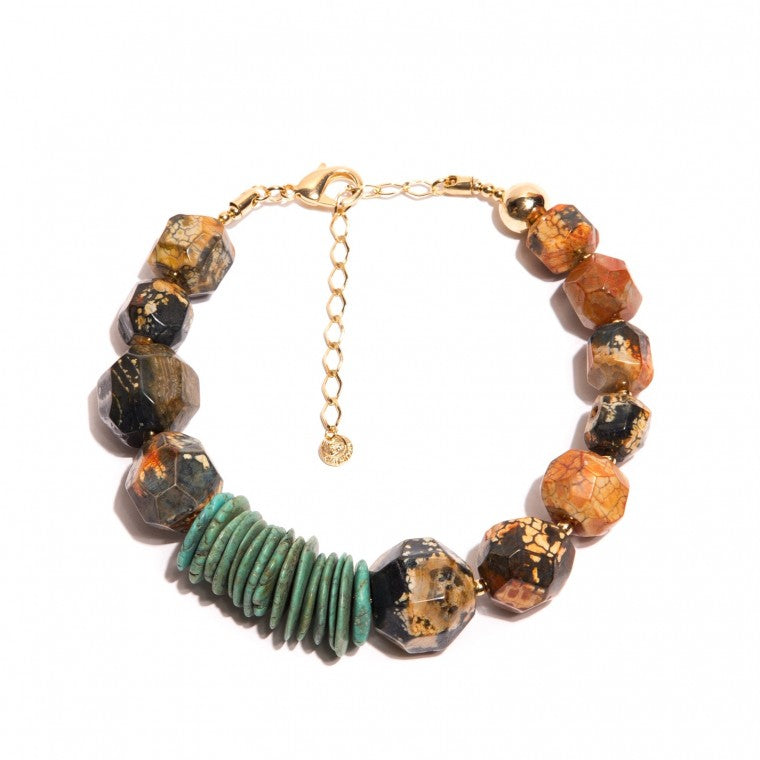 Gold plated Necklace, African Agate Stones, Turquoise Howlite Discs and Crystals
