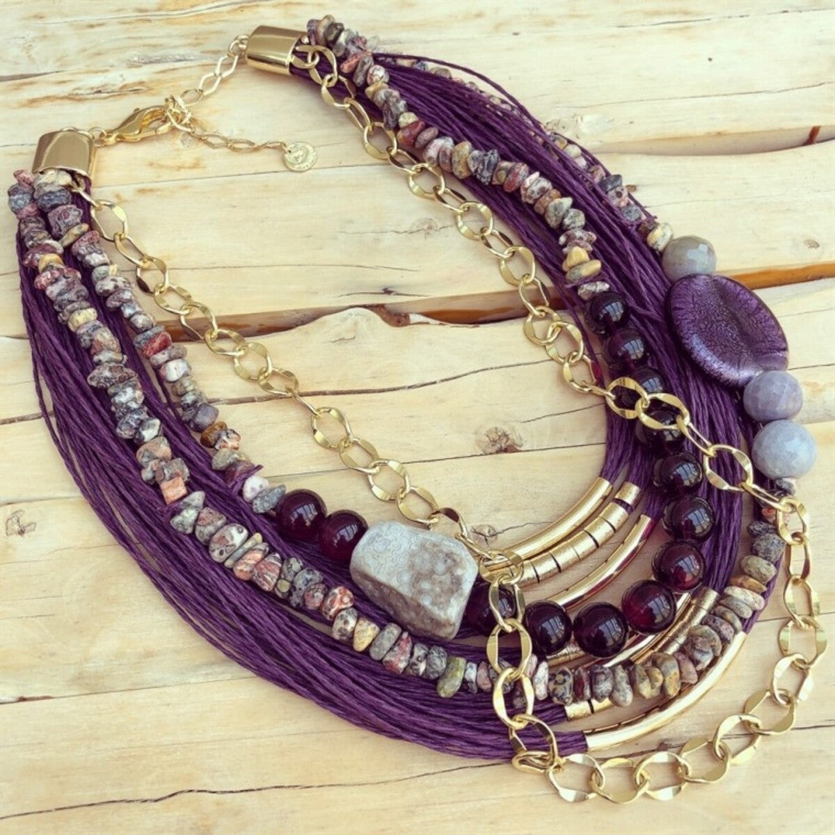Purple Fibre Necklace with Murano Beads, Agate Stone, Gravel Leopard Skin Stones