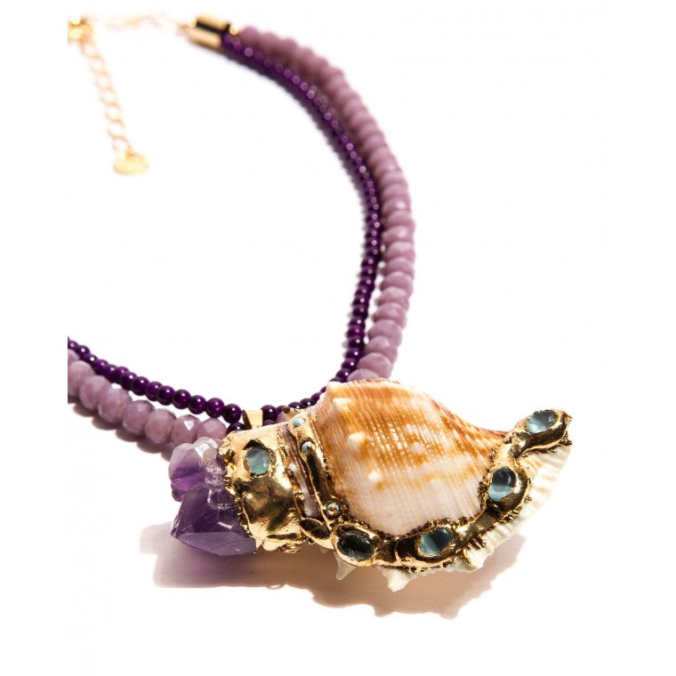 Gold-Plated Necklance, Lilac Crystals, Purple Murano, Mother of Pearl, Amethyst and Oceanic Jade