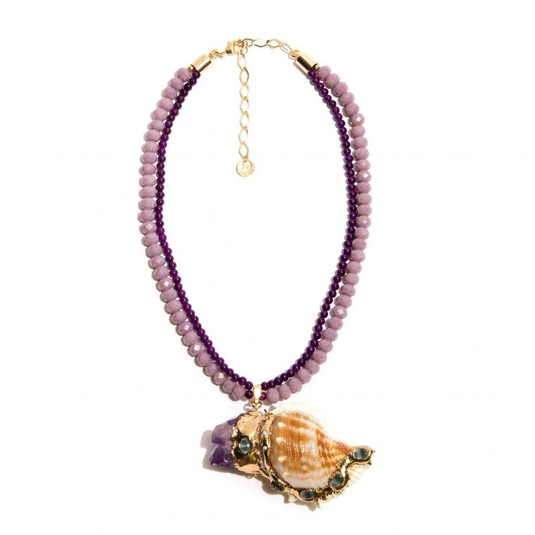 Gold-Plated Necklance, Lilac Crystals, Purple Murano, Mother of Pearl, Amethyst and Oceanic Jade