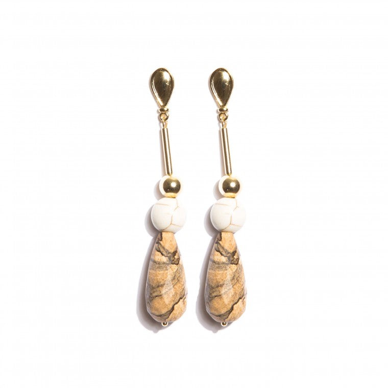 Long earring stones Jasper Wood and Howlite with gold-plated metals