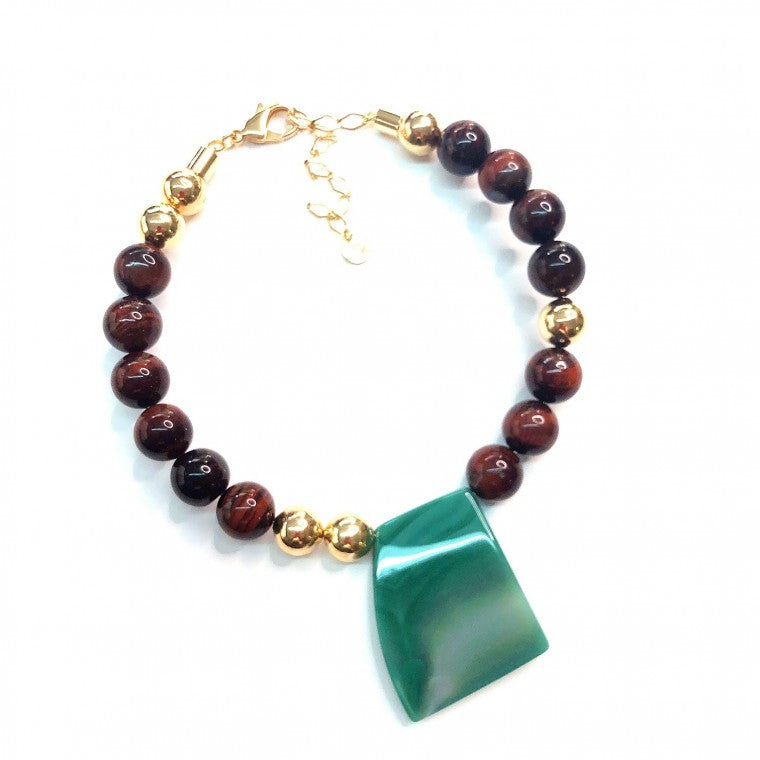 Short Gold-Plated Necklace, Red Tiger's Eye Spheres and Green Agata
