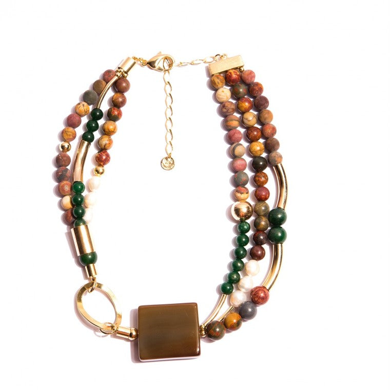 Gold-Plated Necklace, Caramel Cube Agate Stones, Honey and Green Jade Stones and Baroque Pearls