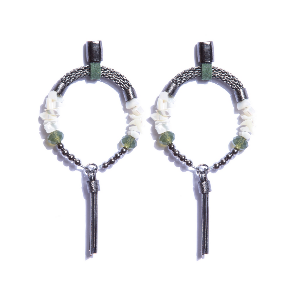 Mother of Pearl Graphite-Plated Earrings with Green Crystals and Aluminum Mesh