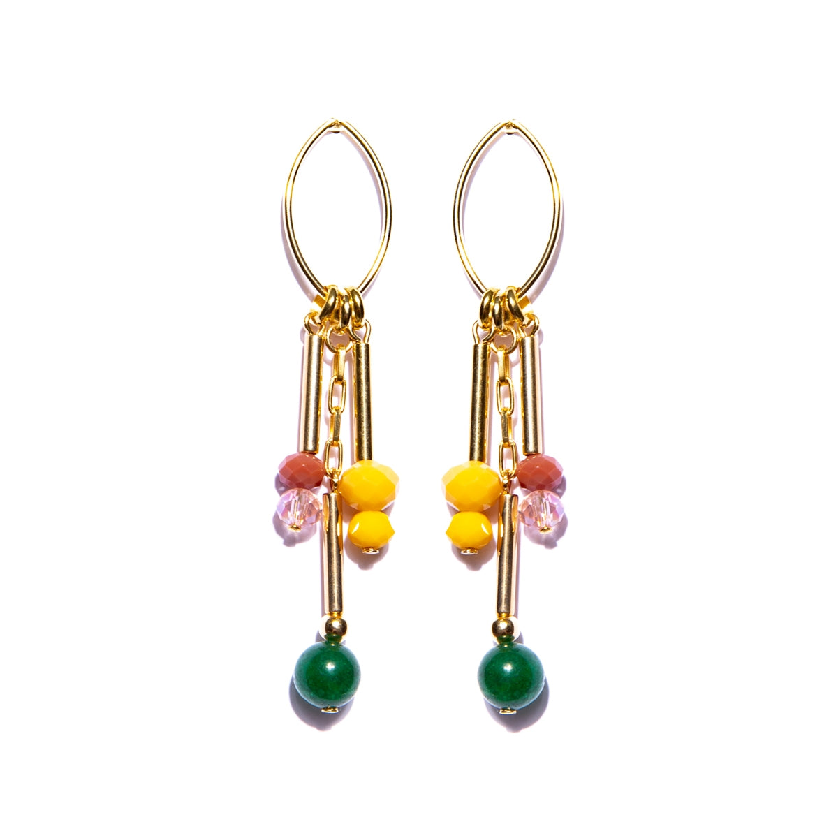 Gold-Plated Long Boho Jade Earrings With Crystals