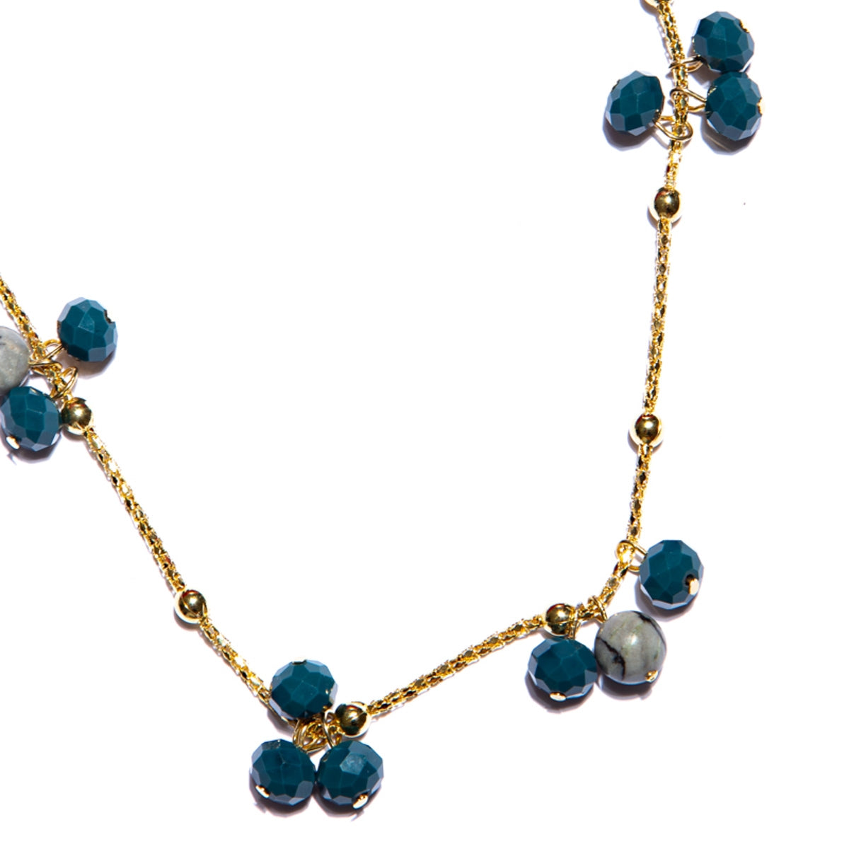 Gold-Plated Long Crystal Necklace With Jasper Black Net Beads
