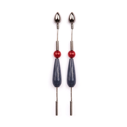Long Jade Sapphire and Ruby Jade Stones Long Graphite-Plated Earring