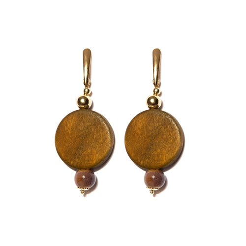 Gold-Plated Long Disc Earrings Made Of Wood With Ceramic