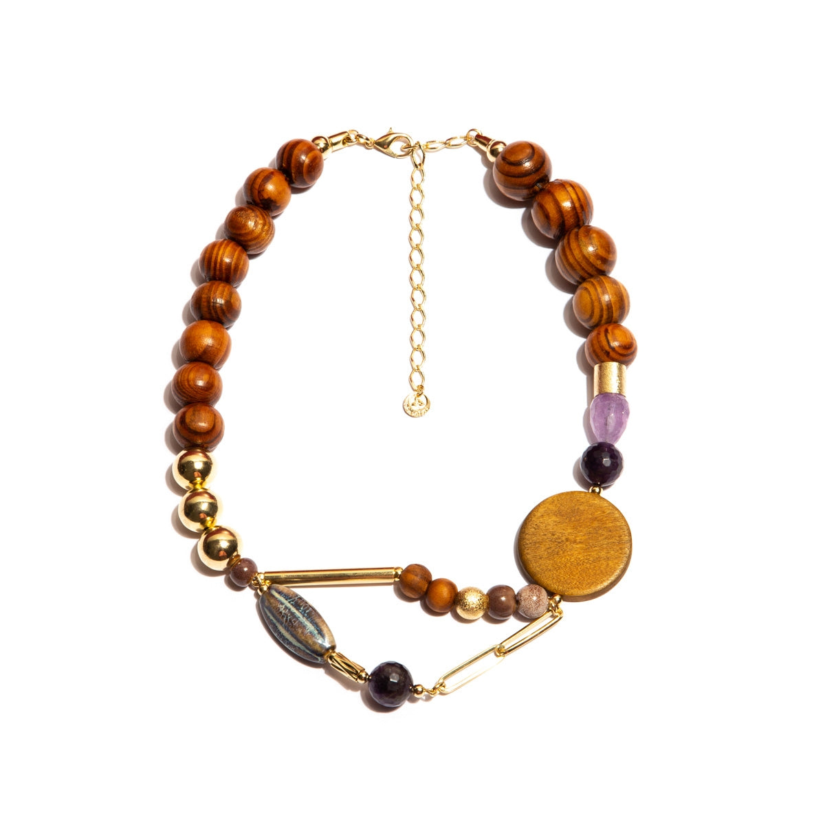 Gold-Plated Fashion Necklace With Wood, Amethyst And Ceramic