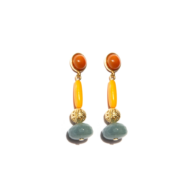 Medium Gold-Plated Earrings with Mother-of-Pearl, Onyx Laguna and Brown Agate Stones